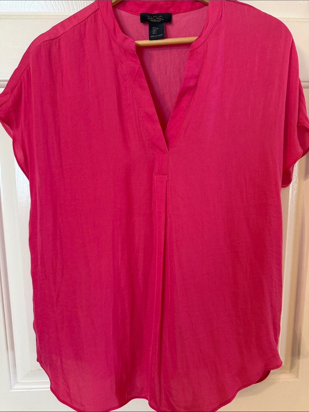 Rachel Hot Pink Split V-Neck Short Sleeve Blouse